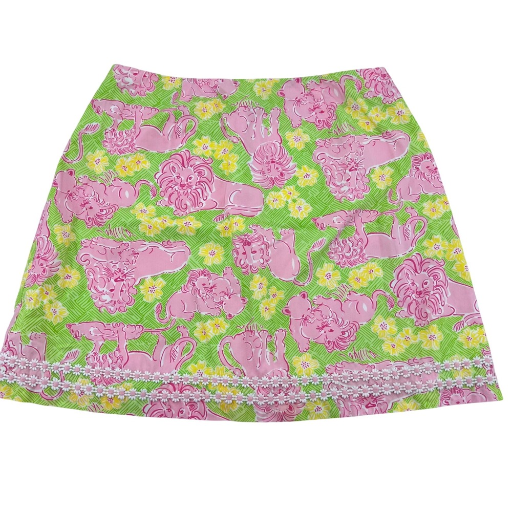 Lilly Pulitzer Vintage Pink Green Lion Floral‎  Mini Skirt Daisy Trim Size 10